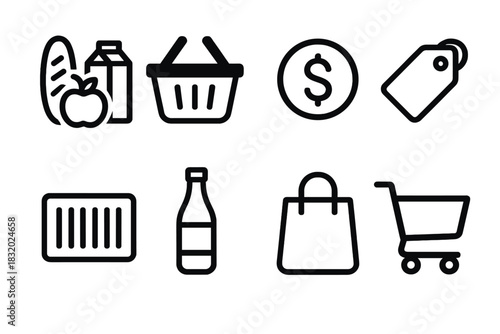 Grocery Cart Icons. Grocery Cart Icons linear icon set. food items, basket, coin, tag, barcode, bottle, bag, cart.