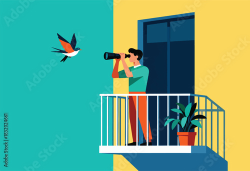 A person on a balcony with binoculars observes a bird. The scene is of a building exterior with bright, bold colors
