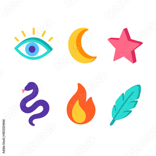 Mystic Icon Set. Mystic Symbols flat icons set. eye, moon, star, serpent, flame, feather