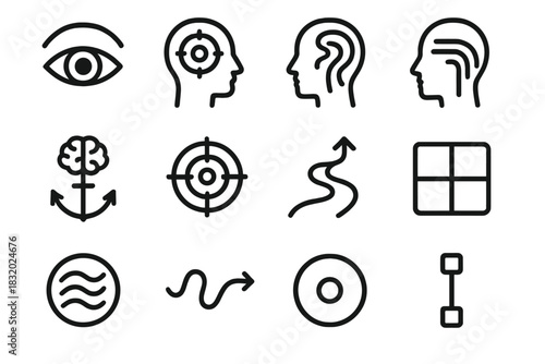 Mindful Icon Grid. Cognitive Alignment Set linear icon set: focus arc, intentional attention icon, mindful channel line, thought streamline, cognitive anchor, precision target