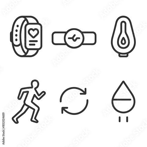 Wearable Tech Icons. Sports Wearable Tech Set linear icon set: smart band, chest strap monitor, cadence pod, hydration sensor, athlete silhouette, sync arrows