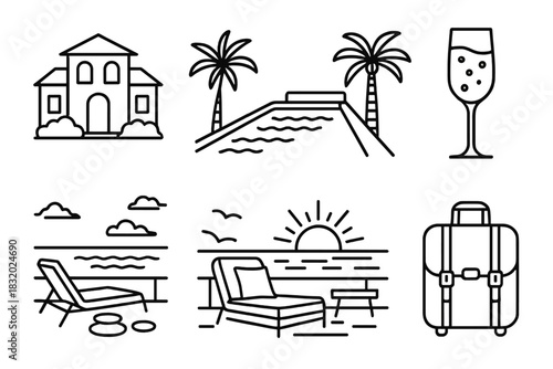 Luxury Icons Collection. Luxury Getaways Set linear icon set: private villa, infinity pool, palm trees, champagne glass, ocean view, spa stones, sunset lounge, travel bag