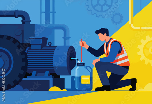 An illustration shows a mechanic taking temperature. Blue machines on left and yellow background, gears and pipes