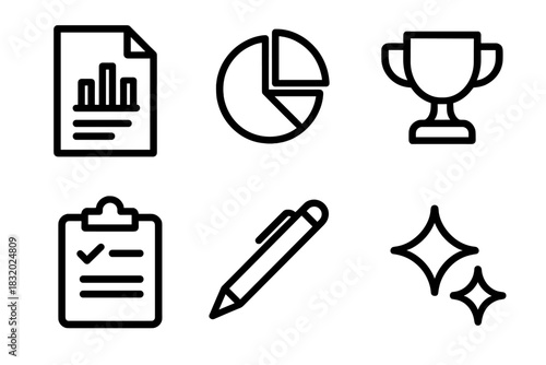 Summary Icons Set. Annual Summary Icons linear icon set. report sheet, pie chart, trophy, clipboard, pen, sparkle