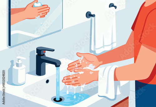 Illustration depicts handwashing. Person uses soap and water to clean hands in bathroom, mirror reflects another hand with soap