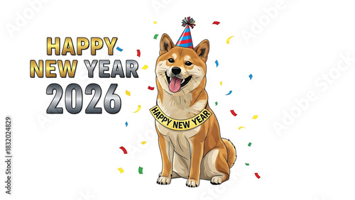 Happy New Year 2026: Celebratory Shiba Inu Dog with Party Hat