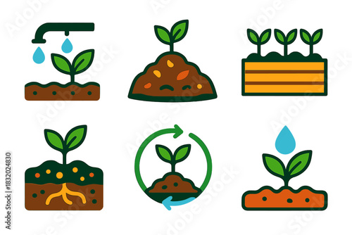 Sustainable Farming Icons. Sustainable Cultivation Systems Set flat icon set: drip irrigation, compost mound, raised bed, soil health icon, nutrient cycle arrows, water-saving