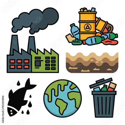 Environmental pollution icons depicting factory emissions hazardous waste contaminated water dead fish and overflowing trash bin symbolizing global ecological crisis