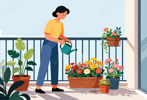 A woman waters flowers in pots on a balcony with blue railing. Potted plants and light/shadows present