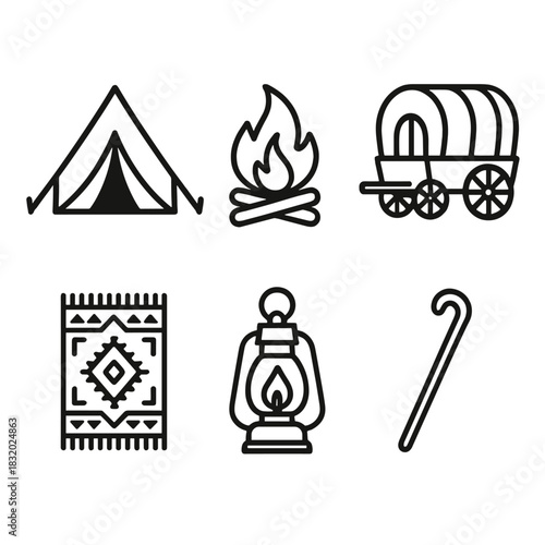 Nomadic Journey Icons. Nomadic Journey linear icon set: tent, campfire, caravan, traditional rug, lantern, walking stick