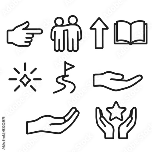 Mentorship Icons Collection. Mentorship Icons Set linear icon set: guiding hand, paired figures, upward arrow, open book, light spark, path marker, supportive palm, shared star