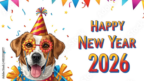Adorable dog celebrates Happy New Year 2026 with festive accessories.