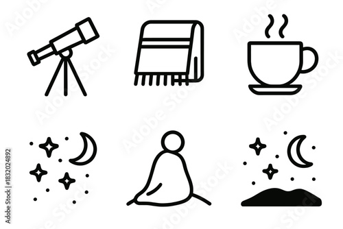 Stargazing Icon Set. Stargazing Moments linear icon set. telescope, blanket, hot drink, stars, moon, hill silhouette