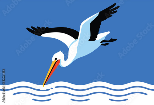 A cartoon pelican dives towards water with waves beneath it, blue backdrop, simple, flat design