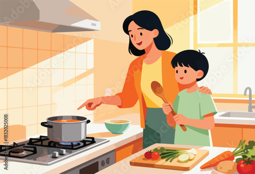 A mother and child cook together in a warm kitchen, preparing a meal with fresh ingredients