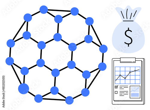 Blue geometric network, money bag, and analytical chart with growth line. Ideal for finance, technology, data visualization, blockchain, business strategy investment economic modeling. Simple flat