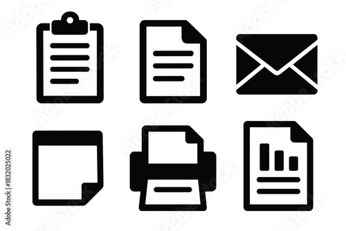 Brutalist Office Icons. Paper Office Set silhouette icon set: clipboard paper, document page, envelope, sticky note, printer sheet, report file