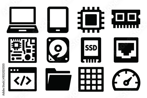 Bold Digital Tech Icons. Digital Computing Collection silhouette icon set: laptop, tablet screen, processor icon, RAM stick, motherboard layout, hard drive, SSD module, network