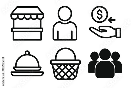 Market Stall Icons. Local Markets linear icon set: stall tent, vendor icon, coin exchange, food tray, basket, crowd silhouette