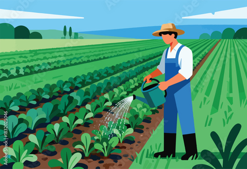 Illustration of a farmer watering plants in a vibrant, stylized field under a blue sky