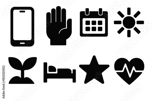 Bold Wellness Icons. Digital Wellness silhouette icon set: smartphone, hand stop icon, calendar, sunbeam, plant sprout, bed, star, heart rate