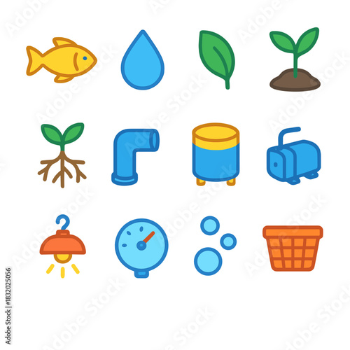 Isometric Farming Icons. Closed-Loop Farming flat icon set: fish, droplet, leaf, plant, root, pipe, tank, pump, light, water gauge, bubble, basket