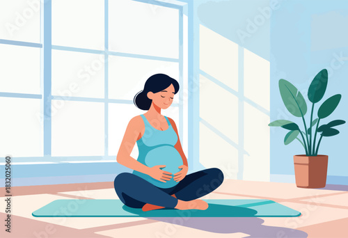 A pregnant woman in a blue tank top sits cross-legged on a mat, eyes closed, hands on belly, peaceful indoor scene