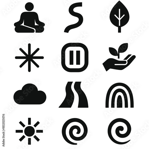 Whole-Person Renewal Icons. Whole-Person Renewal Icons silhouette icon set: mindful pose, harmony curve, resilience leaf, clarity spark, restorative pause, nurturing hand, comfort