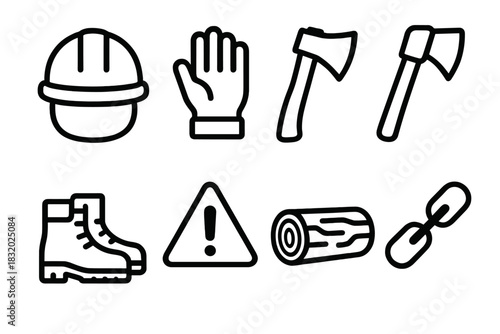 Forest Safety Icons. Forest work safety concept linear icon set: helmet, glove, axe, saw, boots, warning sign, log, chain