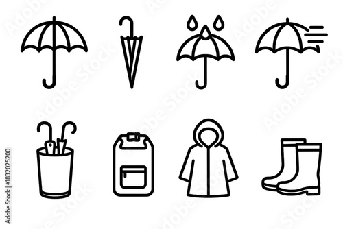 Rain Gear Icons. Rain accessories linear icon set: open umbrella, closed umbrella, umbrella with raindrops, umbrella with wind lines, umbrella stand, waterproof bag, raincoat