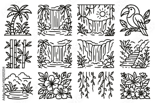 Tropical Waterfall Icons. Tropical Waterfalls linear icon set: palm trees, lush plants, blue lagoon, cascading water, vines, sunlight glow, tropical bird, bamboo, waterfall pool