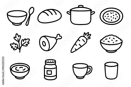 Traditional Cuisine Icons. Traditional Dishes linear icon set. bowl, spoon, bread, stew pot, plate, herbs, meat, vegetable, rice, sauce, spice jar, cup