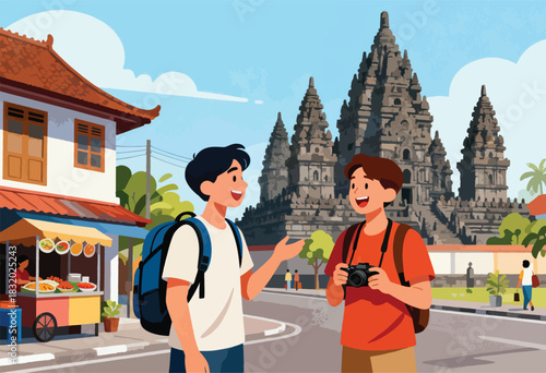 Two tourists with backpacks converse near a temple and street food stand in a colorful, travel-themed scene