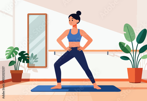 A woman in athletic attire does yoga with hands on hips. A mirror and plants in room