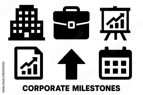 Brutalist Business Icons. Corporate milestones silhouette icon set: building, briefcase, chart board, document chart, upward arrow, calendar