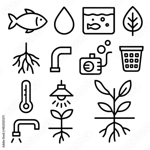 Aquaponics Icon Set. Hydroponic Aquaculture linear icon set: fish, water droplet, tank, leaf, root, pipe, pump, bubble, basket, thermometer, light, plant