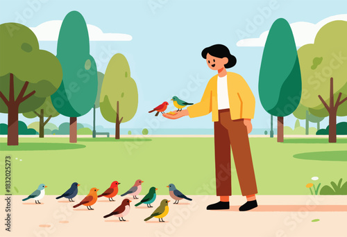 A person in a park feeds birds on their hand while others gather nearby. Trees and sky.