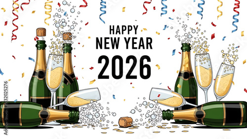 Celebrating New Year 2026 with Champagne Bottles and Confetti Decoration