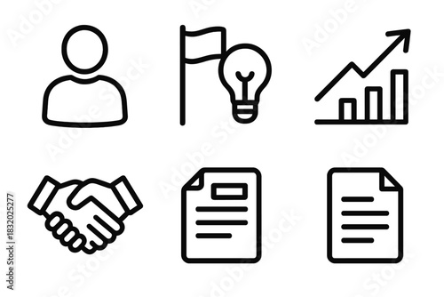 Leadership Icons Set. Leadership effort linear icon set: leader figure, flag, light bulb, chart line, handshake, document