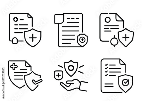 Collection of insurance document icons symbolizing protection, security, and policy assurance