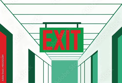 A hallway perspective showcases an EXIT sign with red letters on a green rectangle. Doors line the sides