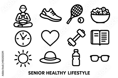 Senior Fitness Icons. Healthy senior lifestyle linear icon set: yoga pose, running shoe, tennis racket, salad bowl, clock, heart, dumbbell, journal, sun, hat, water bottle, glasses