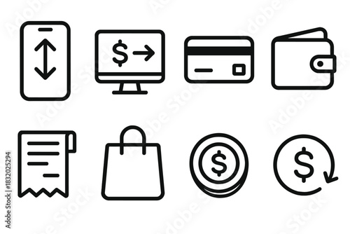 Fintech Icon Set. Payment process concept linear icon set: phone, online transfer, card, wallet, invoice, shopping bag, coin, dollar arrow , neat fintech-inspired line art