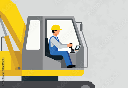 Illustration of a worker inside an excavator. The yellow boom arm is featured, with a construction worker operating the controls