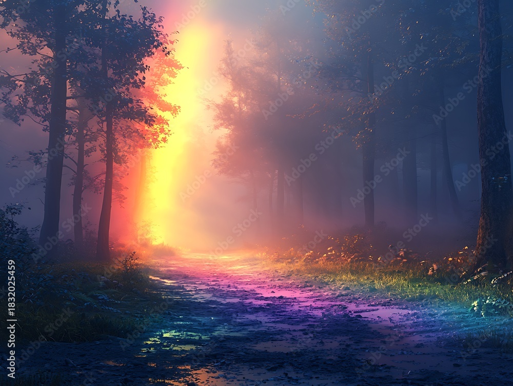 Obraz premium Magical forest path illuminated by a vibrant rainbow light