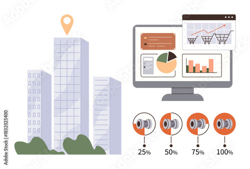 Office building with location marker, analytics dashboard on monitor, shopping cart visualization, and product metrics progress. Ideal for business insights, retail analysis, technology, marketing