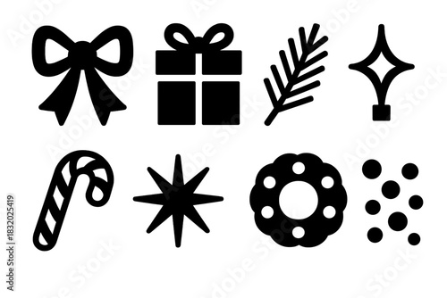 Brutalist Holiday Icons. Holiday Branding Patterns silhouette icon set. ribbon bow, gift box, evergreen twig, twinkling light, candy stripe, starburst, wreath, confetti dots