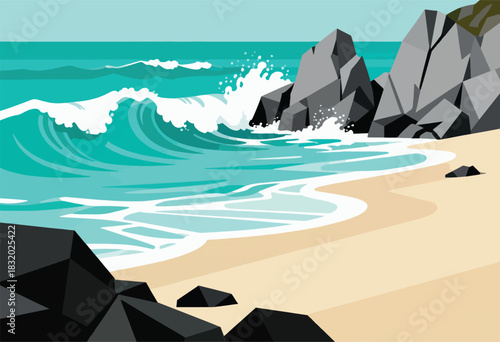Geometric beach scene. Waves crash against dark rocks on a sandy shore under a turquoise sky. Simplified design