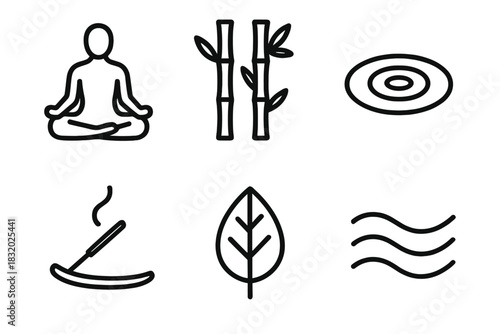 Wellness Icons Collection. Wellness Spa Set linear icon set: meditation pose, bamboo stalks, water ripple, incense stick, wellness leaf, gentle wave