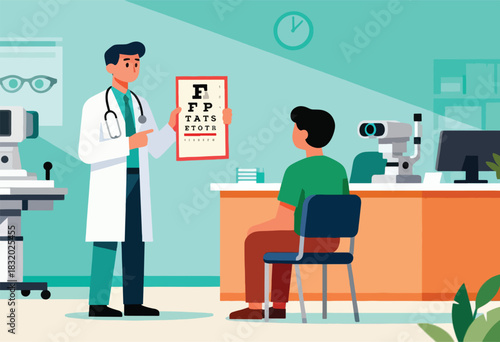 Doctor pointing at eye chart for patient. Clinic scene with eye exam equipment and person seated in chair